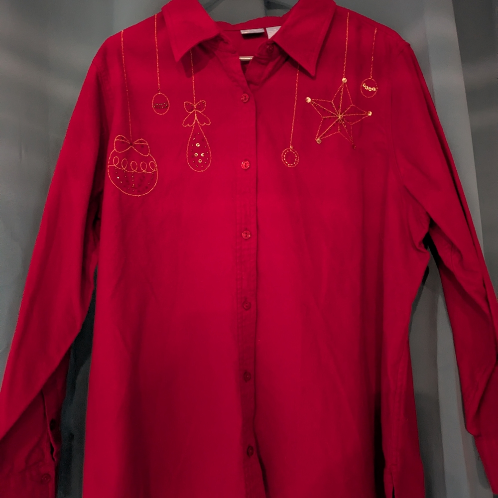 Holiday Editions Red Button Down Shirt with Gold Embroidery